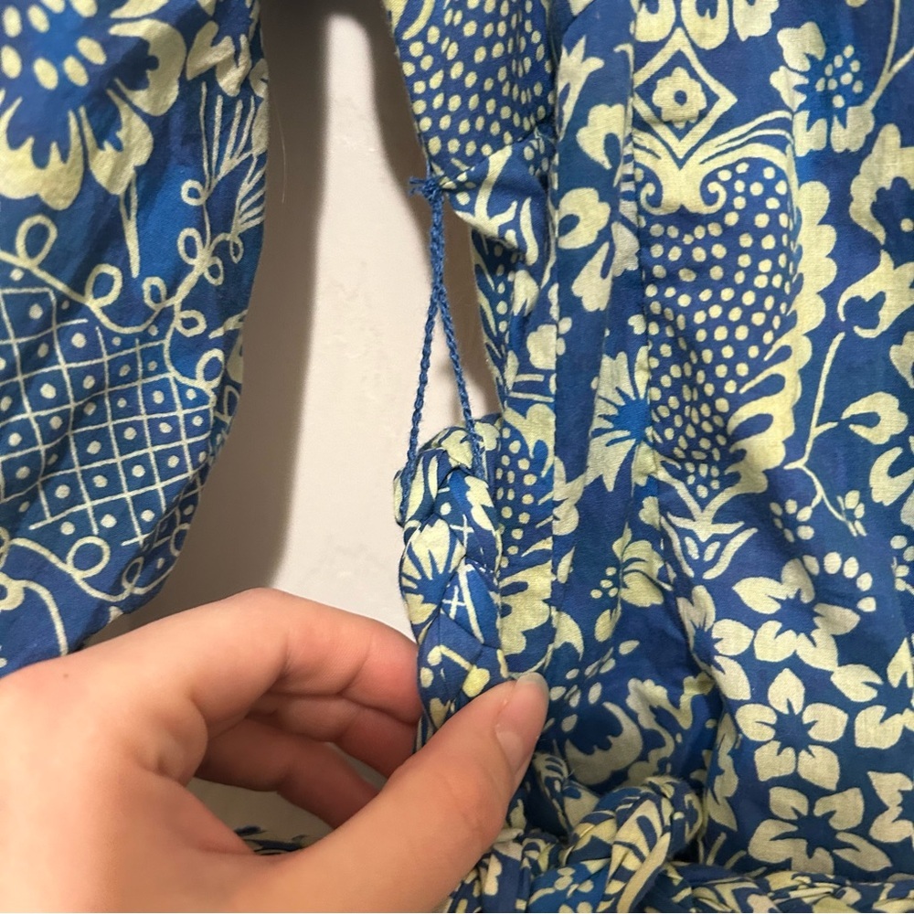 RHODE Floral Print Dress Blue Cream Feminine Ruffle Cotton Beach Vacation Sz Med - Picture 10 of 16